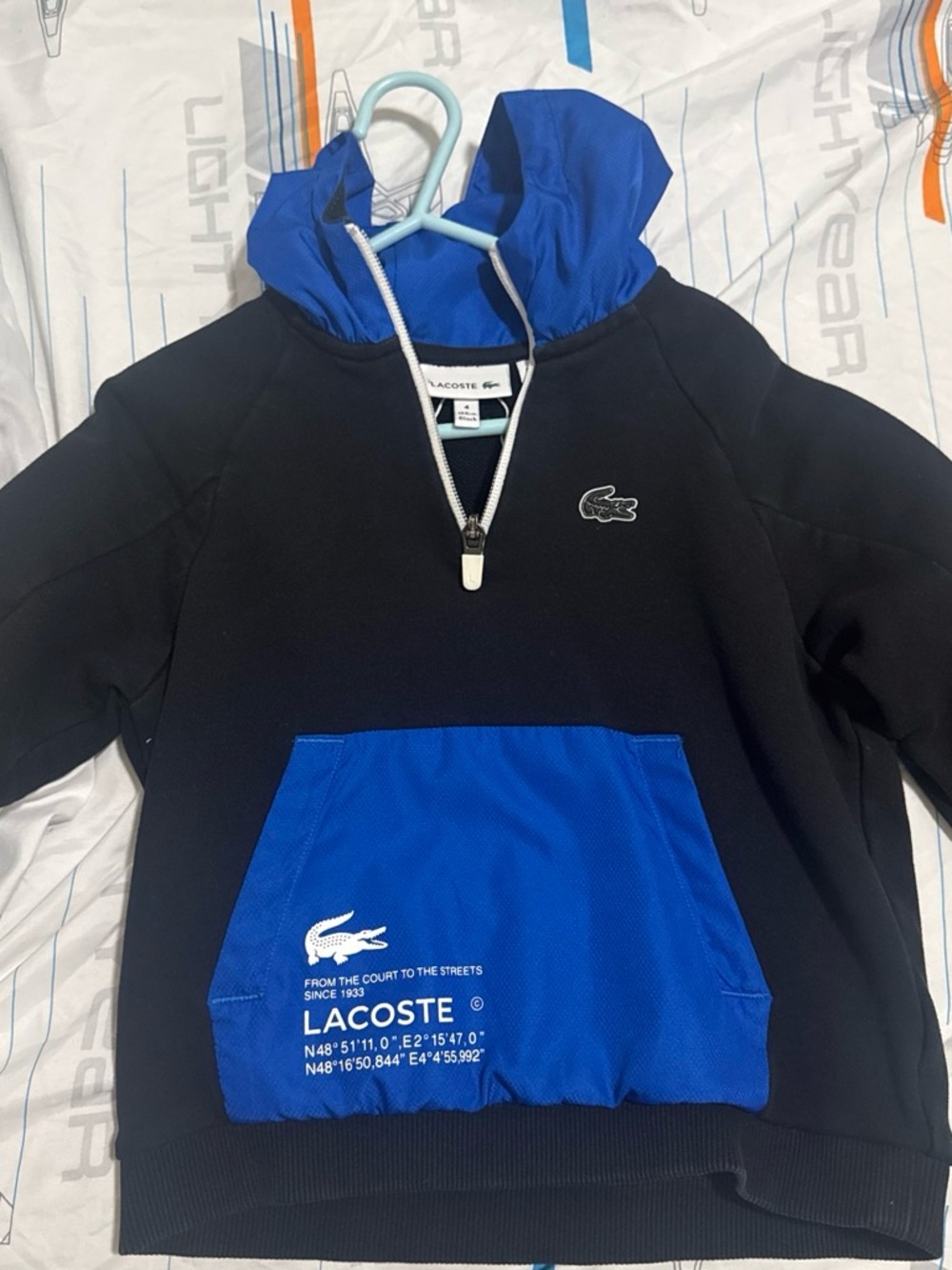 Lacoste Kids Black and Royal Blue Hooded Pullover Puffer Jacket